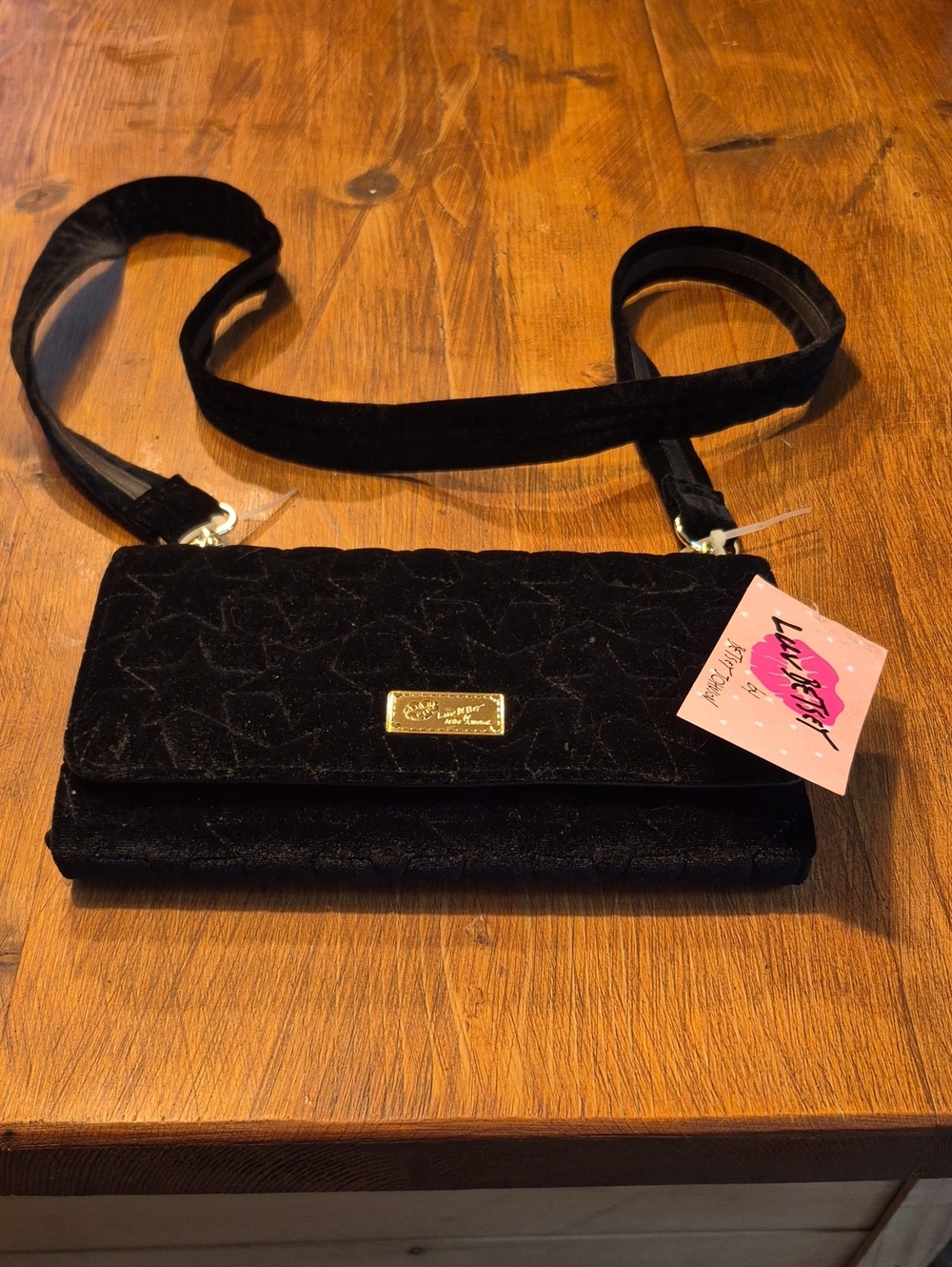 Betsey Johnson Black Quilted Velvet Crossbody with Gold Plate